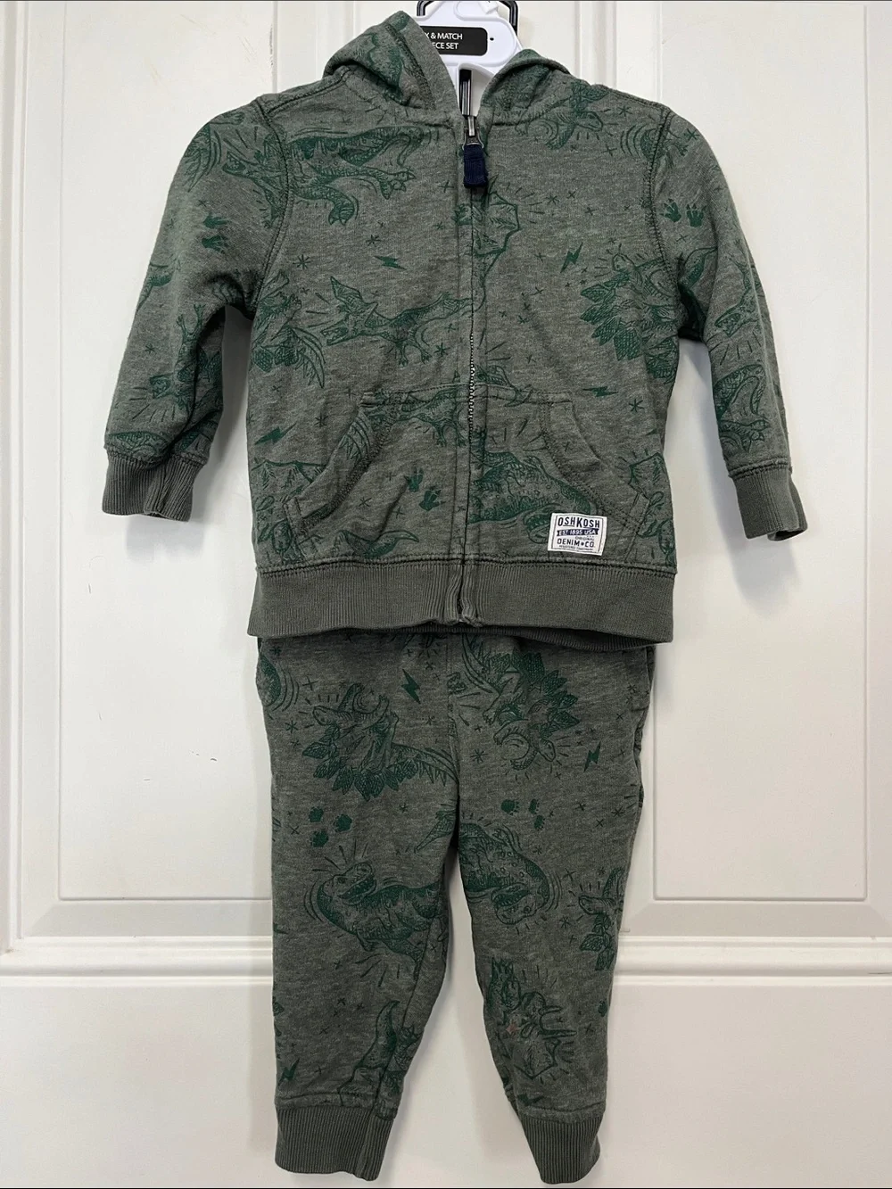 OshKosh B'gosh Green Heather Dino Print Hooded Sweatshirt & Jogger Set